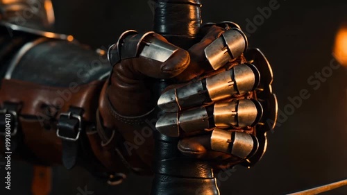Knight gripping a sword hilt wearing protective steel gauntlets over leather gloves. Medieval warrior readying for battle. Historical armor piece close