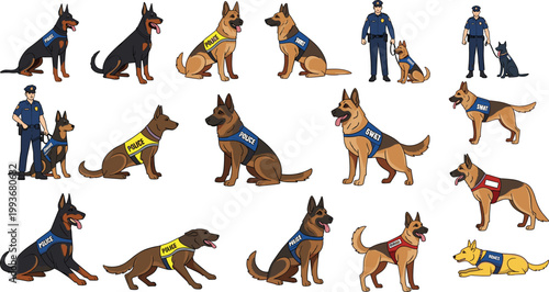 Professional Police Dog and K9 Security Vector Set Featuring German Shepherds and Dobermans With Law Enforcement Officers
