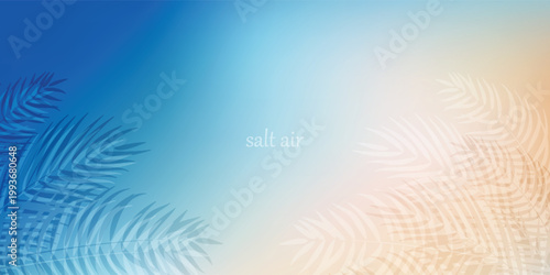Abstract seaside. Ocean landscape vector texture. Aesthetic blue and beige gradient background. Blurred sea wave pattern. Sun, clouds, rays. Ocean breeze wide banner