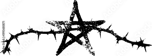 Grunge black ink pentagram with thorned vine horizontal composition for background and tattoo design