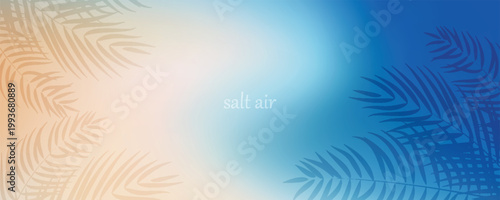 Abstract seaside. Ocean landscape vector texture. Aesthetic blue and beige gradient background. Blurred sea wave pattern. Sun, clouds, rays. Ocean breeze wide banner