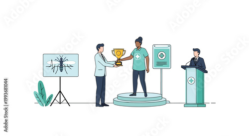Medical professional receiving an award on a podium for excellence in malaria research efforts isolated on white background