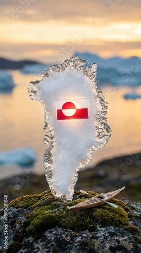 Greenland ice sculpture displaying its national flag, symbolizing Greenlandic National Day, celebrated on June twenty one, with a traditional wooden kayak resting on mossy rock.