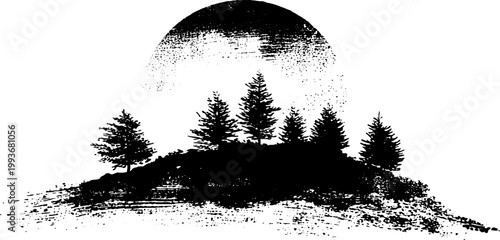 High contrast black and white sun halo over forested hill ink illustration for background and poster design