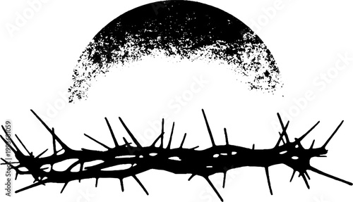 Black ink semicircle halo above thorn crown with splatter texture for banner background and poster design