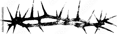 Worn black ink thorn branch with spiky silhouette and grainy splatter for edgy background and border design