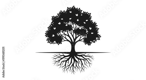 A detailed black tree with abundant foliage and exposed roots is presented as a striking silhouette high quality professional modern elegant