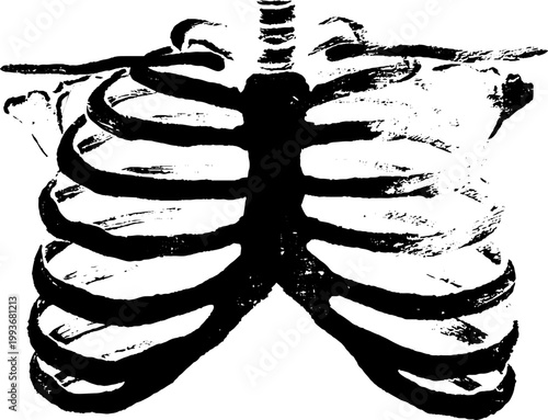High contrast black and white rib cage with eye inside ink illustration for surreal poster and horror design