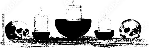 High-contrast black and white ritual altar with skulls and candles for occult poster and moody background design