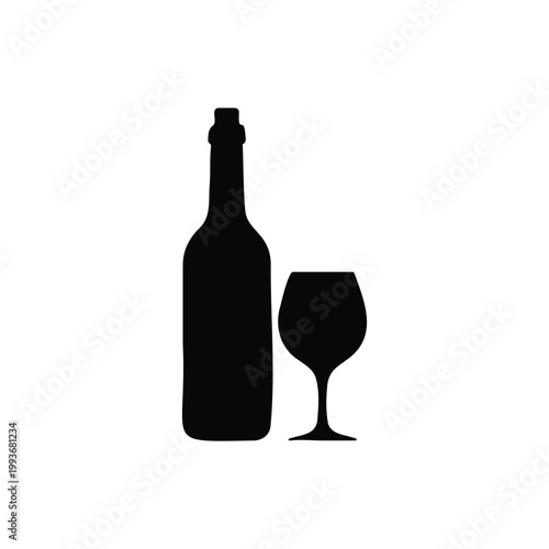 Wine Bottle with wine glass  silhouette vector flat design on white background.
