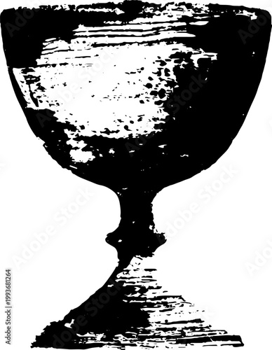 High-contrast black ink ritual chalice art for occult poster and textured background design with distressed brush silhouette