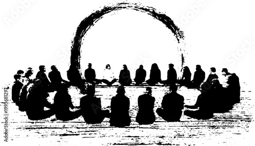 High contrast black and white ink illustration of a ritual circle of seated silhouettes for poster and background design