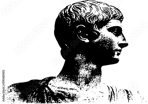 High contrast black and white roman bust ink illustration of profile statue head for poster background and graphic design
