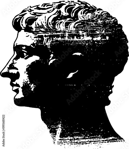 Roman emperor bust profile high contrast black and white ink illustration with distressed texture for poster background or historical design element