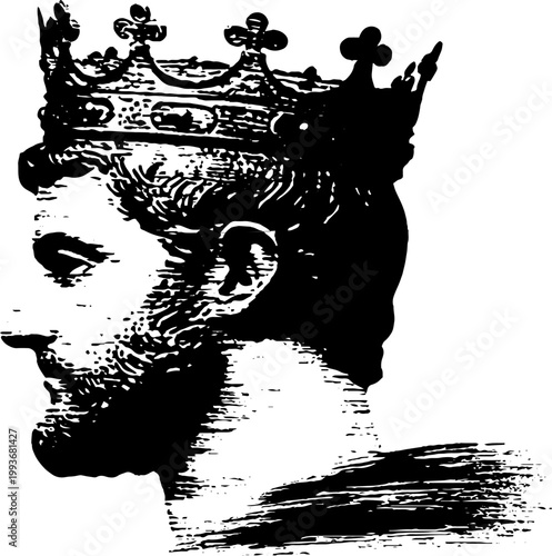 Crowned roman emperor bust profile with ornate crown distressed high contrast black and white ink illustration for poster or emblem design
