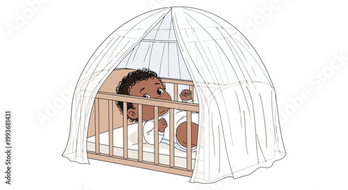 Cute baby sleeping in wooden crib under protective white mosquito net illustration for nursery isolated on white background
