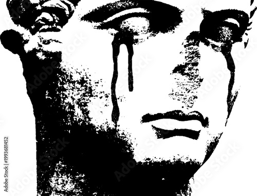 Close up high contrast black and white roman bust face with dripping tears for stencil poster and graphic design