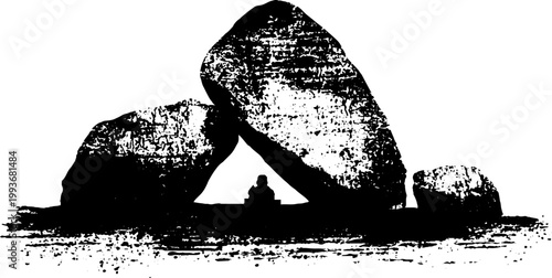 Dolmen style rune stone arch with sitting figure in high contrast black and white for poster background and design