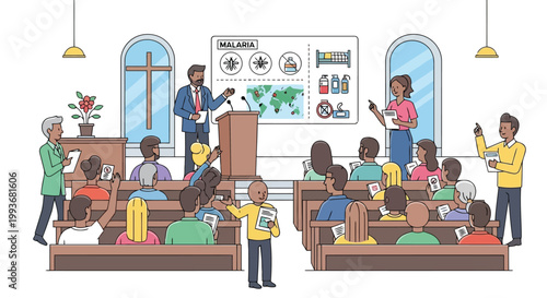 Community seminar about malaria prevention and health awareness in church setting vector graphic isolated on white background