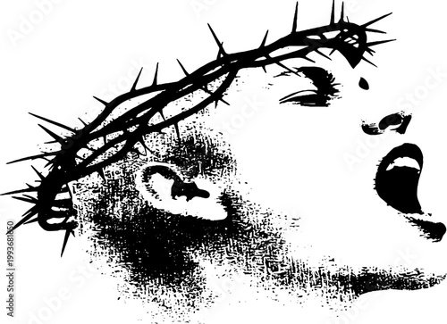 Screaming face wearing thorn crown high contrast black and white profile for religious or symbolic poster background