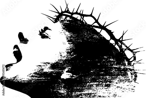 Screaming profile with thorn crown distressed high contrast black and white texture for poster or album cover background