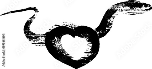 High contrast black ink sacred heart entwined by serpent wings symbol for tattoo design and poster background