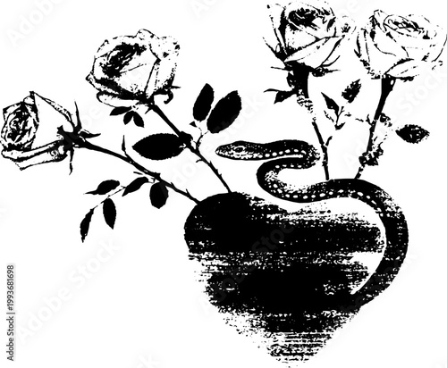 High contrast black ink sacred heart entwined by serpent with roses for tattoo design and romantic gothic poster