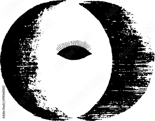 High contrast black and white crescent sigil with central eye and distressed ink texture for mystical background and poster design