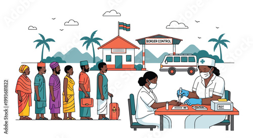 Medical staff performing rapid diagnostic tests at border control checkpoint vector illustration isolated on white background