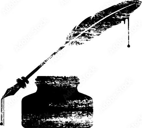 Vintage quill pen and inkwell silhouette with dripping ink for retro writing background and stationery design