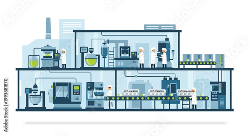 Modern pharmaceutical factory production line manufacturing anti-malarial medication tablets isolated on white background