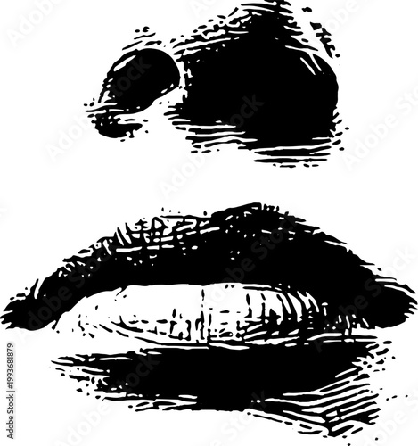 High contrast black and white ink portrait fragment of lips and nose for dramatic background and poster design