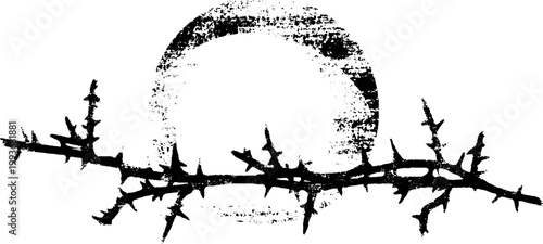 Gothic high contrast black and white sigil with thorn crown and crescent moon for background and tattoo stencil design