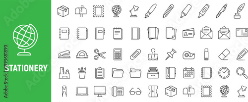This image features a collection of 50 simple, modern line icons depicting various stationery items, including office supplies and communication tools, all in a clean and minimalist design