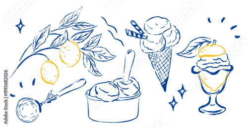 ice cream Lemon. italian Sorbet.  Mediterranean. gelato La Dolce Vita. Waffle cone in chocolate.  Vector doodle illustration. Isolated on a white background.