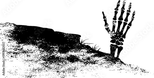 Monochrome skeleton hand rising from soil through stone edge ink artwork for horror poster banner background and eerie design
