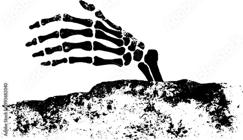 Black and white skeleton hand emerging through cracked stone ink art for horror poster banner background and dramatic design