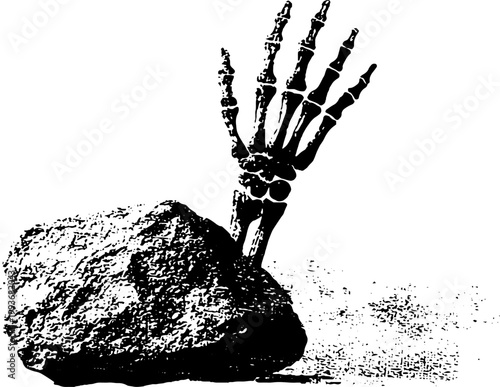 High contrast black and white skeleton hand grasping rock ink artwork for horror poster banner background and gritty design