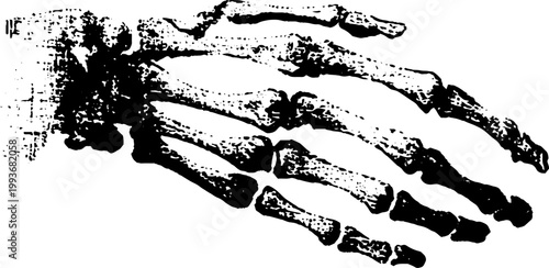 High contrast black and white skeleton hand illustration with broken halo for horror background and grunge poster design