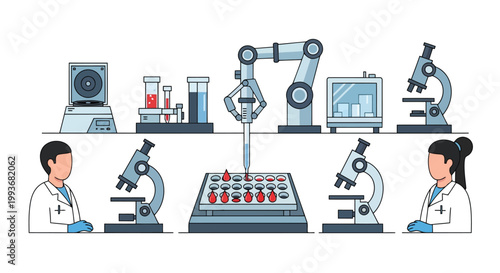 Laboratory equipment and automated robotic arm testing blood samples in medical facility isolated on white background