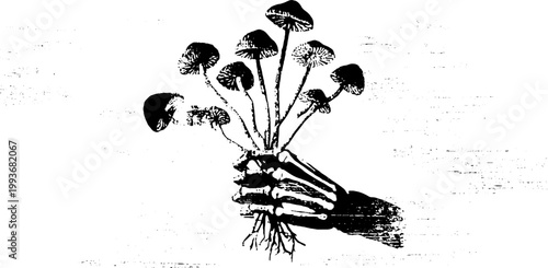 Black and white skeleton hand holding mushroom bouquet high contrast botanical illustration for gothic poster design