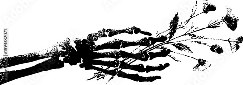 Skeleton hand holding a mushroom bouquet high contrast black and white design for gothic poster background and tattoo art