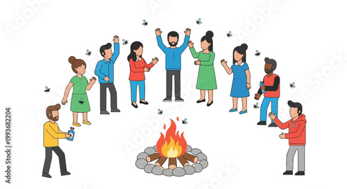 Group of people standing around a campfire at night while swatting away swarming mosquitoes isolated on white background