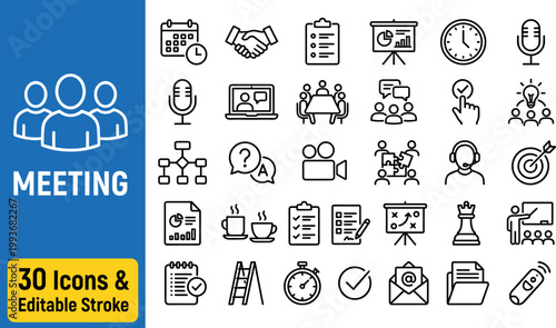 A set of 30 line style icons for meetings, including people, communication, and productivity symbols, on a white background with editable strokes