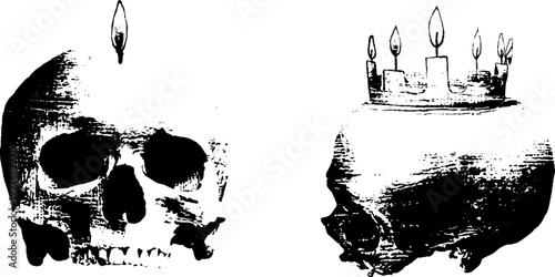 High contrast black and white skulls with crown of candles and flames for occult poster background and gothic design