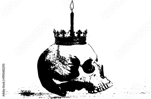 High contrast black and white skull with upright candle crown and ground shadow for gothic poster background and dark occult design