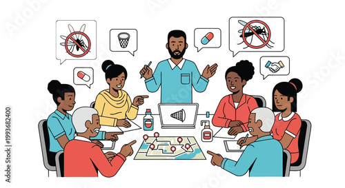 Diverse medical team brainstorming malaria prevention strategy with map and icons in office isolated on white background