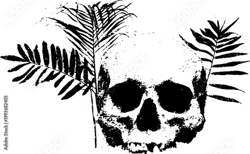 High contrast black and white frontal skull with fern leaves and foliage for ink background, grunge poster and tattoo design
