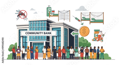 Community bank providing financial support for malaria medical supplies and prevention equipment isolated on white background