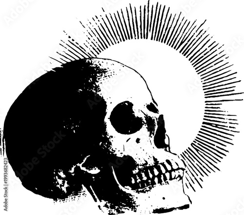 High contrast black and white skull with radiant halo rays for gothic poster background and occult emblem design